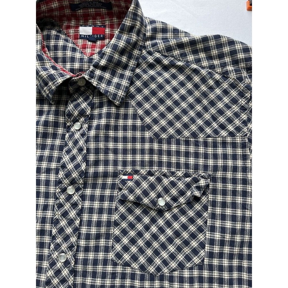 Tommy Hilfiger Shirt‎ Mens XL Blue Plaid Long Sleeve Pearl Snap Button Down Y2K